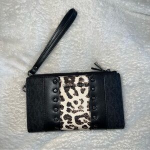 Michael Kors Black and Leopard Print Wristlet Wallet